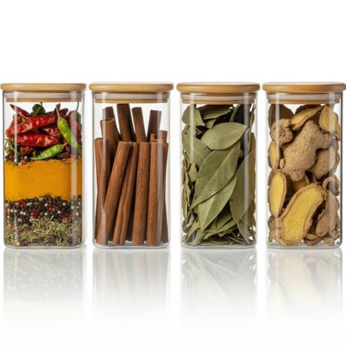 Image of ginoya brothers Airtight Borosilicate Glass Square Jar With Wooden Or Steel Lid Multi-Size, Container for Spices, Coffee, Grains, Snacks & Kitchen Organization (4, WOODEN LID, 420 ML)