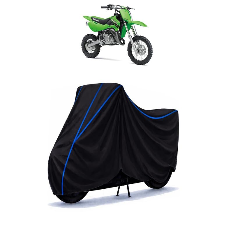 Image of KLX110R L Bike Cover Water Resistant Universal Motorcycle Rain | Heavy Duty UV Protection, Dust, Scratch Indoor Outdoor All Weather with Black Blue Piping Elastic