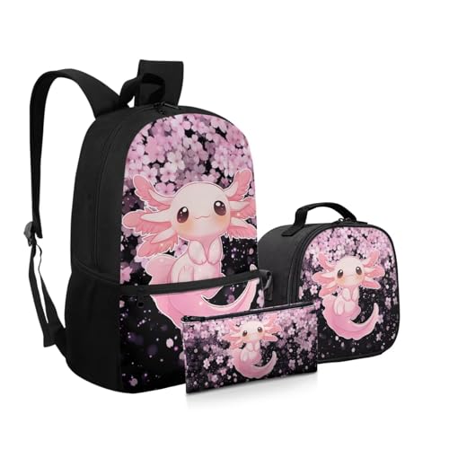 Axolotl Backpack for Girls 3-in-1 School Bookbags with Lunch Box Set Cherry Blossom Design Backpack for Elementary to Middle School Kids2