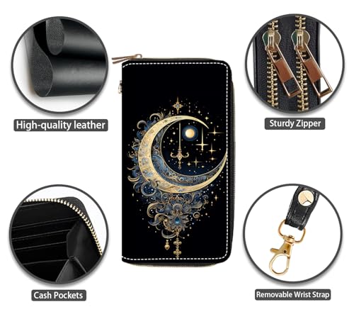 Celestial Theme Stars with Crescent Moon Print Women Large Capacity PU Leather Double Zipper Wallet, Multifunctional Clutch Purse for Cash/Card/Coin/Smart Phone4