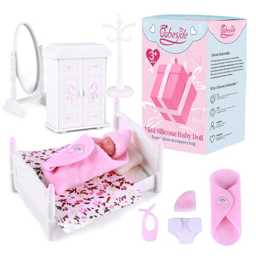 BABESIDE Mini Poupée Silicone - 3 Pouces Adorable Bébé Reborn Endormi, Bébé Miniature Réaliste avec Accessoires de Meubles pour Les Enfants de 3 Ans et...