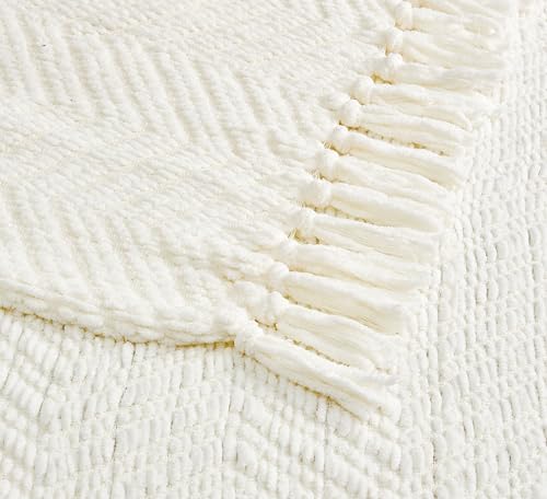Image of CREVENT 50 inchX60 inch Farmhouse Breathable Soft Chenille Knitted Textured Throw Blanket for Couch Chair Bed, Boho Home Decor for Living Room (Ivory)