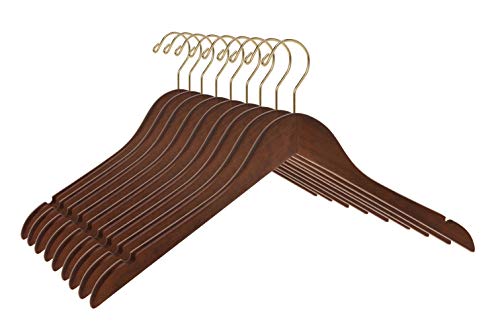 Quality Semi Curved Wooden Suit Hangers, 10-Pack Smooth Finish Solid Wood Coat Hanger With Swivel Hook, Jacket, Pant, Dress Clothes Hangers (Walnut - Gold Hook, 10) #TOP21