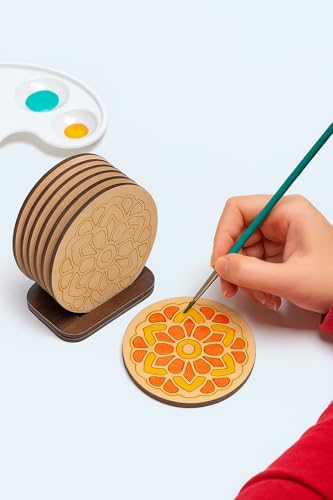 Image of DIY Mandala Art Wooden Coaster Set - Pack of 6 with Stand | Size- 4 inch | Pre-Marked for Painting | Fun Craft Kit for Kids & Adults | Ideal for Art, Gifts & Home Decor (DIY Cost 002)