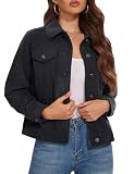 MAGCOMSEN Women's Black Shacket Crop Corduroy Jacket Lightweight Jacket Regular Fit Classic Solid Cute Coats with Pockets