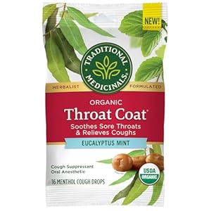 Traditional Medicinals Throat Coat Organic Cough Drops, Eucalyptus Mint with Menthol, Soothes Sore Throats & Relieves Coughs, 16ct.