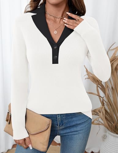 Image of LOMON Sweaters for Women 2025 Fall Knitted V-Neck Collared Button Pullover Dressy Casual Long Sleeve Polo Shirts Business