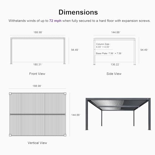 PURPLE LEAF Louvered Pergola 94AS 12' x 16' Outdoor Aluminum Pergola with Fixed Shutter Wall Adjustable Roof for Deck Backyard Grey Hardtop Gazebo, 1 Long Side - Image 6