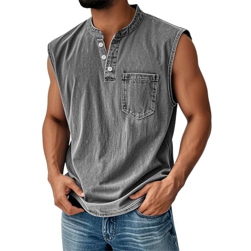 Mens Tank Tops Summer Vintage Henley Neck Sleeveless Gym Muscle Workout Shirts Big and Tall Athletic Polo Running Undershirts Pockets Slim Fit Gym Polo Tank Tops Moisture Wicking Oversized T Shirts