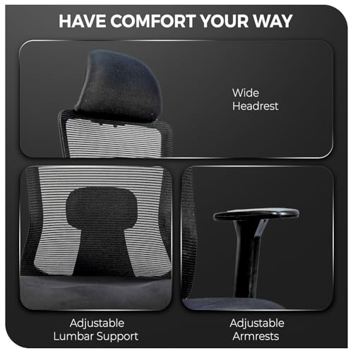 Image of CELLBELL Ergoglide FT Ergonomic Mesh Office Chair with Footrest Fixed Headrest Lumbar Armrests Synchro Tilt 3 Lock Class 3 Hydraulic Chrome Base 60mm Wheels High Back Work Chair (Black)