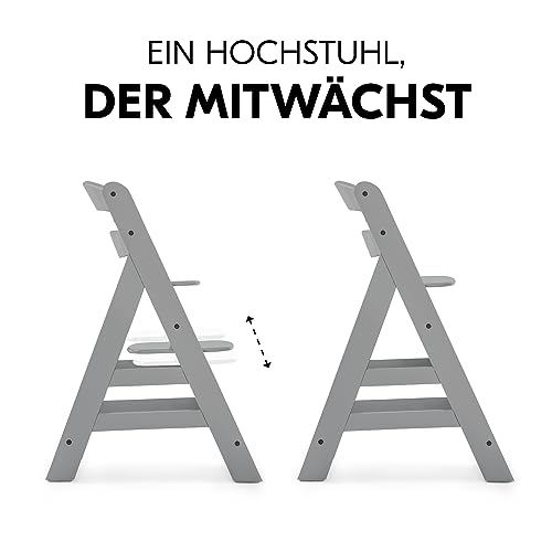 hauck Alpha+, Grey - Mitwachsender Holzhochstuhl aus Buche für Kinder ab 6 Monaten bis 90 kg - Inklusive 5 Punkt Gurt, Schrittgurt, Schutzbügel - Kompatibel mit viel Zubehör