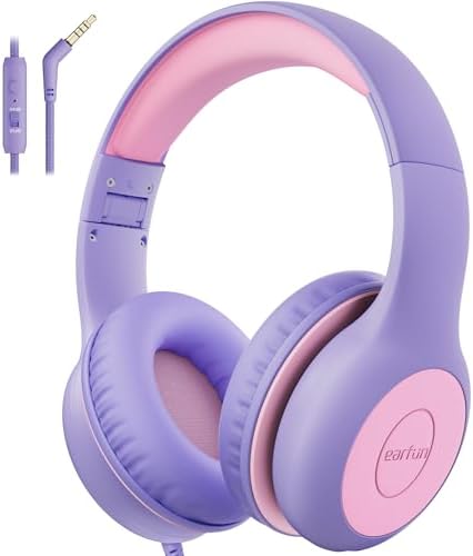 EarFun Kinder Kopfhörer mit 3,5 mm Kabel, Lautstärkebegrenzung, Lila-rosa | 85/94 dB für kindgerechtes Hören, bequem, klarer Klang, Audio Sharing, faltbar & verstellbar, Mikrofon,