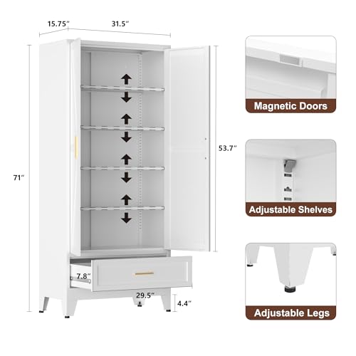 Image of LCAOPC 71 inch Tall Metal Pantry Storage Cabinet with Drawer and Adjustable Shelves, Freestanding Kitchen Cupboard Storage Cabinet for Kitchen,Dining Room, Living Room, White