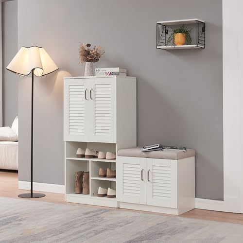 [en.casa] Set Armadio Scarpiera con Scomparti Aperti e Panca Contenitore con Seduta Imbottita Mobile Portascarpe Ante a Persiana Ripiani Inclinati 120 x 120 x 37 cm Bianco
