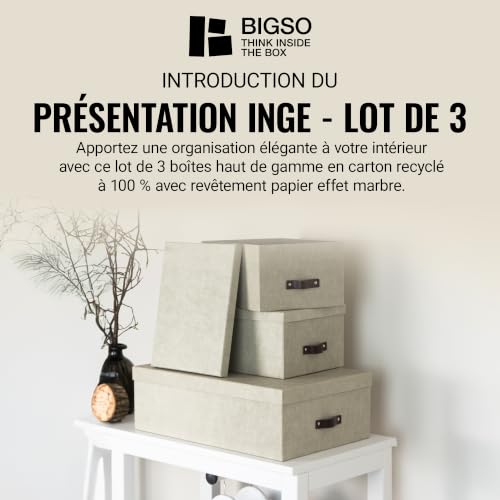 Bigso Box of Sweden INGE Lot de 3 Boîtes de Rangement pour Chambre à Coucher, Enfants, Bureau ou Salle de Bain - Boîte de Rangement Avec Couvercle - Caisses de Rangement Aspect Lin - Beige – vue 2