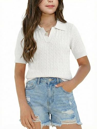 Image of Girls Short Sleeve Polo Shirt Summer Knit School Uniform Blouse V Neck Cable Pullover Sweater Tops 5-14 Years