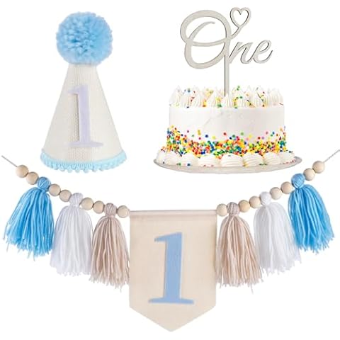 Lucky one First Birthday Decorations Banner for Boy, Cute Birthday Decorations Handmade High Chair Banner, Cake Topper Party Decor Baby Boy 1st Birthday Party Supplies Cover