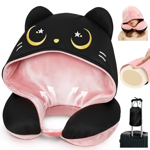 Mewaii Oreiller de Voyage avec Capuche, Oreiller de Cou en Forme de Chat Mignon pour Adolescents et Adultes, Coussin de Nuque en Mousse à mémoire de Forme pour...