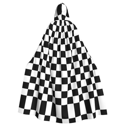 Kfjghhl Capa unisex con capucha a rayas blancas y negras a cuadros para disfraz de fiesta de Halloween, cosplay, adultos, bata de Navidad de 58 pulgadas