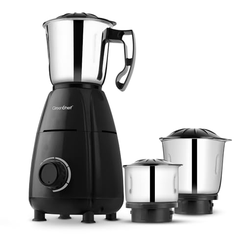 Image of Greenchef Jawa 600W Mixer Grinder with 3 Stainless Steel Jars | 18000 RPM Heavy Duty Motor | 3-Speed Control with Incher | Black