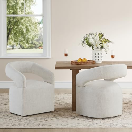 Image of KISLOT Upholstered Dining Chairs Set of 1, Modern Rolling Dining Chairs with Hidden Casters, Arm Kitchen Chairs with Linen Look Fabric, Padded Barrel Chairs for Dining Room, Kitchen, Bedroom, Beige