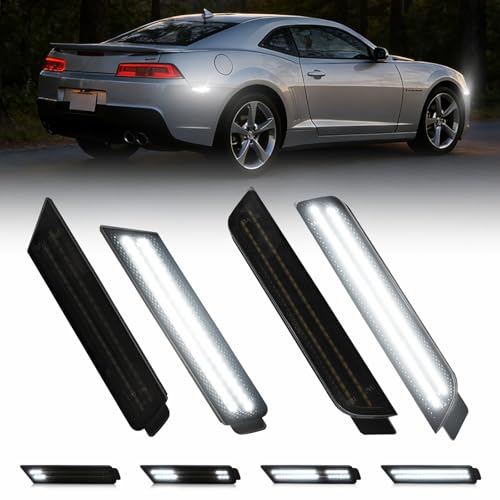 AUTOONE Upgraded Dynamic LED Side Marker Lights White Compatible With 2010-2015 Chevrolet Camaro, White Front & Rear Bumper Marker Lamps Smoked Len, 4PCS Dynamic White