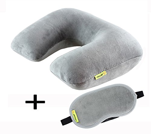 Preisvergleich Produktbild Hochwertige Nackenkissen+Schlafmaske Set Aufblasbar Nackenhörnchen Reisekissen Nackenstütze mit Fleece-Bezug Faltenbar & Tragbar für Reise Flugzeug Bahn Büro GRAU