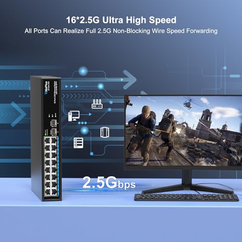 Image of 18 Port 2.5Gb Unmanaged Ethernet Switch with 16* 2.5G Base-T Ports, 2* 10G SFP+ Ports. GiGaPlus 2.5Gbps Network Switch for 2.5Gbps NAS /PC, Wireless AP, WiFi6 Router. Plug and Play, Fanless Design.