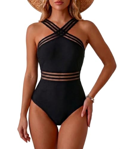 Tempt Me Women Black Crisscross One Piece Swimsuits Mesh Tummy