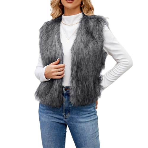 Women Faux Fur Waistcoat Fashion Winter Fuzzy Sleeveless Open Front Outwear Gilet Casual Short Vest Jacket Coat Y2K