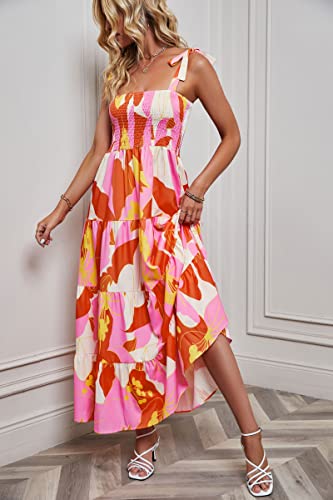 Image of kinstell Women's Summer Boho Spaghetti Strap Square Neck Ruffle Casual Flowy Long Dress Beach Swing Party Maxi Dress