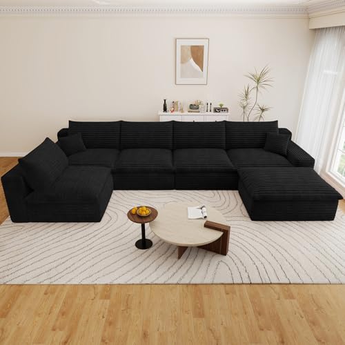 Image of 136 inch Cloud Couch Modular Sectional Sofa for Living Room, U-Shape Boneless Couch with Deep Seat, Modern Corduroy 5-Seater with Ottoman, No Assembly Required, Black