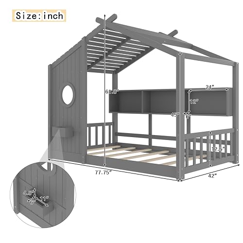 Image of Twin Size Floor House Bed with Roof and Window for Kids, Wooden Playhouse Bed with Storage Shelves for Bedroom Furniture Girls & Boys (Gray /L2, Twin)