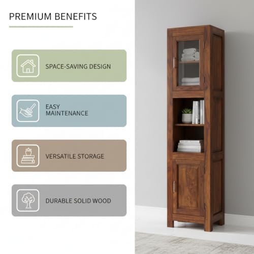 Image of APRODZ Mango Wood Crockery Cabinet with Glass Door | Wooden Kitchen Storage Cabinet for Dining Room Living Room & Bedroom | Tall Storage Cabinet with Shelves | Display Cabinet for Home with Two Doors