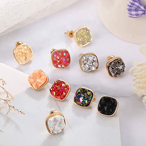 10 Pairs Druzy Stud Earrings Delicate Glittering Ear Studs Faux Druzy Earrings Set For Women Girls Pierced Earrings Jewelry Favors (Square Style) #TOP6