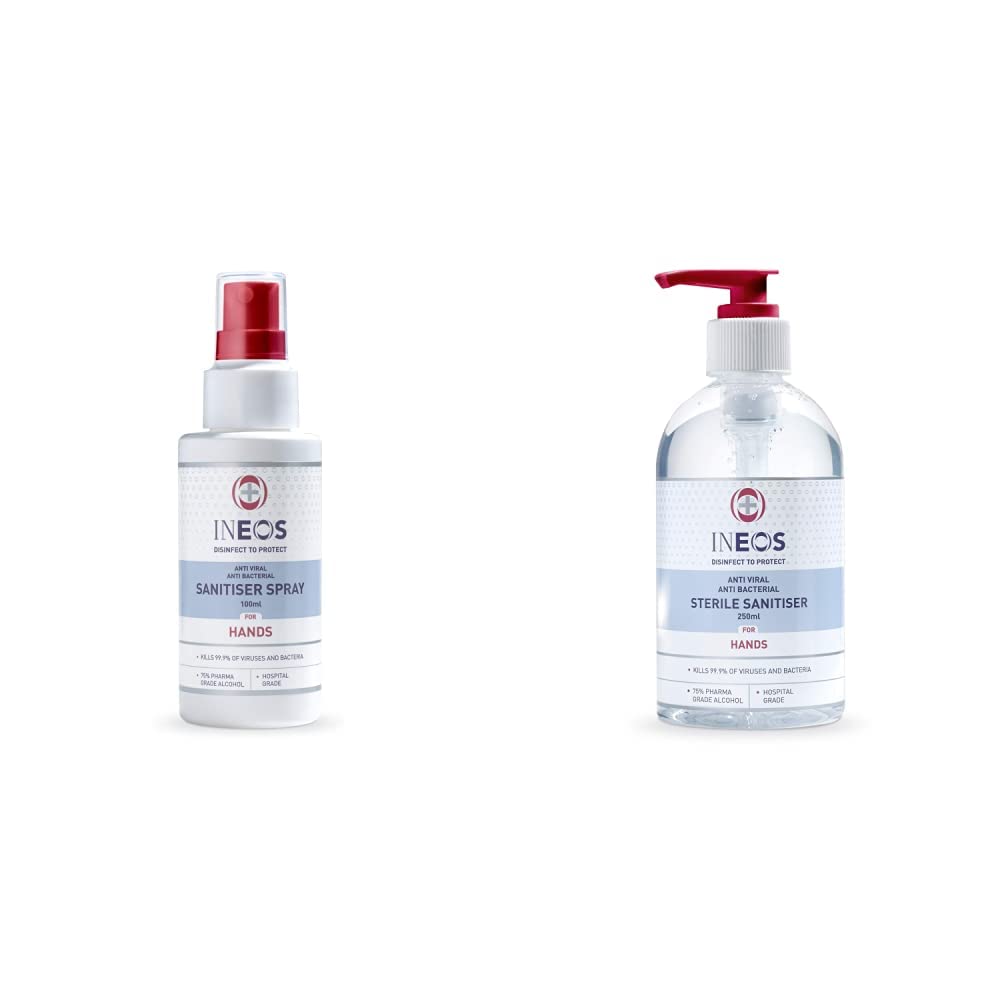Hospital Grade Sanitiser Spray for Hands (100ml) by INEOS Hygienics Made with 75% pharma grade alcohol. Kills 99.9% of viruses and bacteria. & Hospital Grade Hand Sanitiser (250ml)