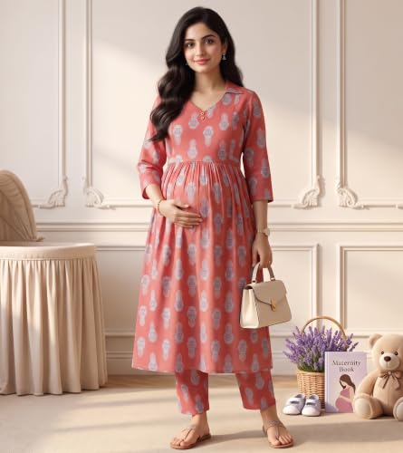 Image of DUMMY SHAPE Maternity Dresses for Women Cotton | Floral Kurta Pant Dupatta Set with Nursing Zippers, Side Pocket | Pre & Post Pregnancy | Feeding Kurti Suit | Baby Shower | Gifts for Pregnant Woman
