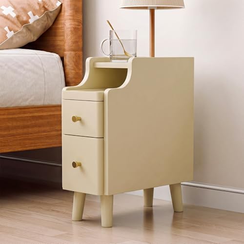 Image of Nightstand, Pre-Assembled, 19.7 inchH Solid Wood Narrow Night Stand with 2 Drawers, Open Sliding Shelf, Mid Century Modern Small Bedside Table for Bedroom, Cream 8 inch