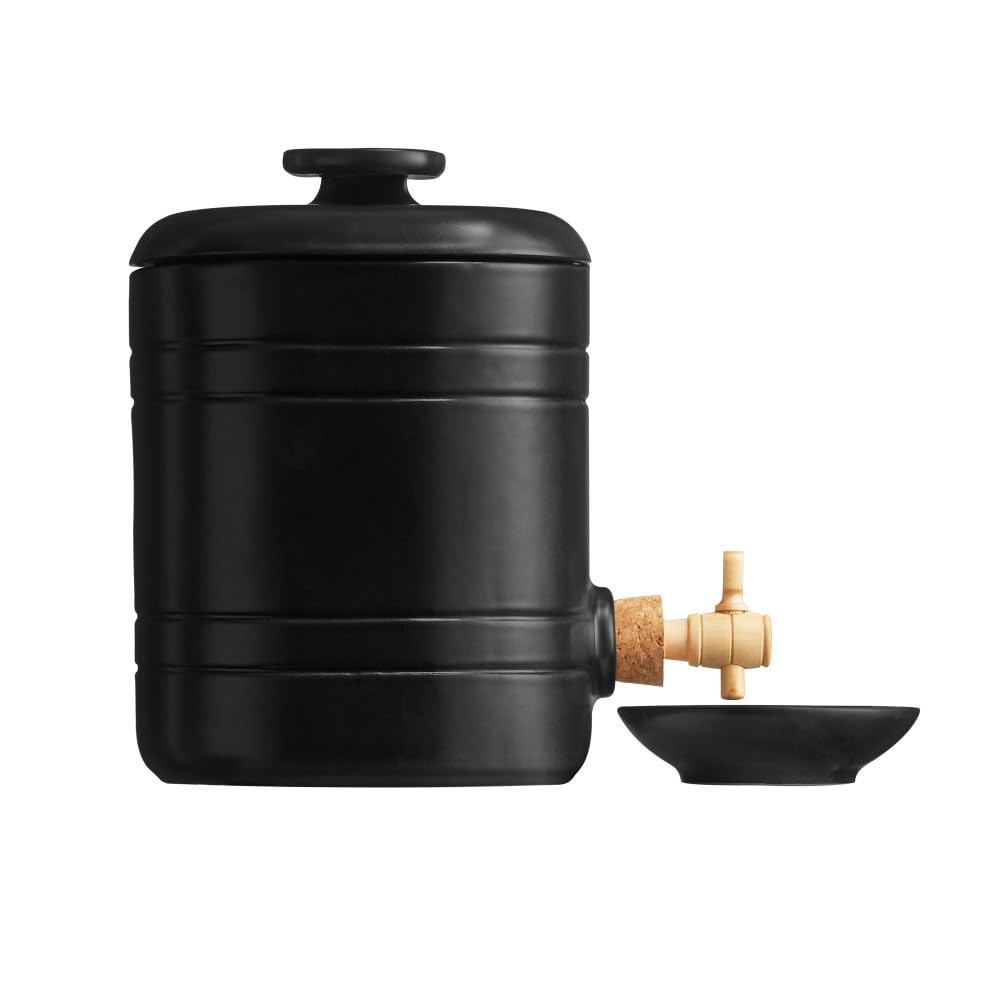 Emile Henry - Vinaigrier en céramique 2,5 L, noir mat, avec robinet en buis et bouchon liège