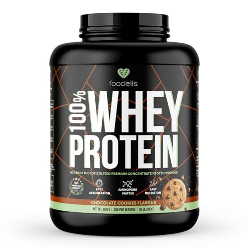 Foodelis 100% Whey Protein | Proteína de Suero Premium con Glutamina Natural y Perfil Completo de Aminoácidos | Máxima Absorción y Fácil Digestión | Sabor Chocolate Cookies | 908 g - 30 Dosis