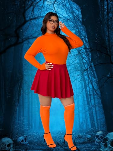 Image of 5Pcs Womens Costume Orange Long Sleeve Crop Top,Red Short Skirt,Stockings,Magnifier,Glasses Frames for Halloween