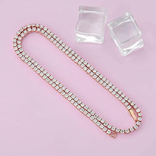 Apzzic 4Mm Iced Out Gold Plated Tennis Chain Round Cubic Zirconia Diamond Cuban Link Chain Choker Necklace For Women Men Rose Gold 18Inch #TOP1