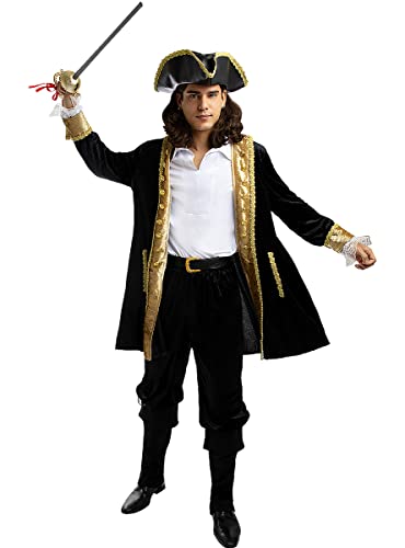 Funidelia | Disfraz de pirata deluxe Colección colonial para hombre Corsario, Bucanero - Disfraz para adultos y divertidos accesorios para Fiestas, Carnaval y Halloween - Talla L - Negro