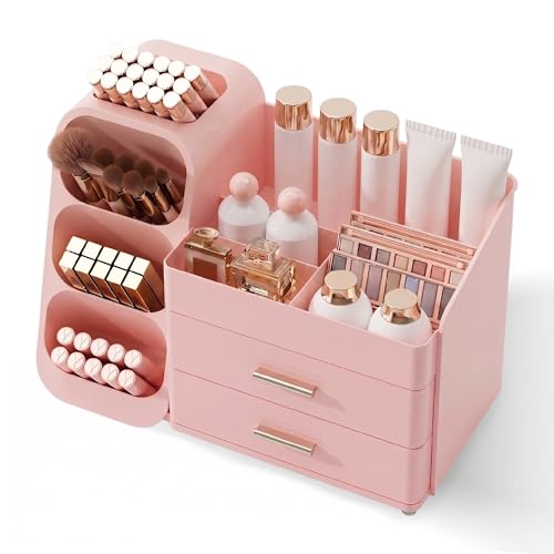 Image of Booklov Makeup Organizer for Vanity, Large Capacity Cosmetic Display Case with Drawers, Countertop Beauty Storage Holder for Skincare, Brush Eyeliner Perfume Eyeshadow Lipsticks, Counter Desk, Pink