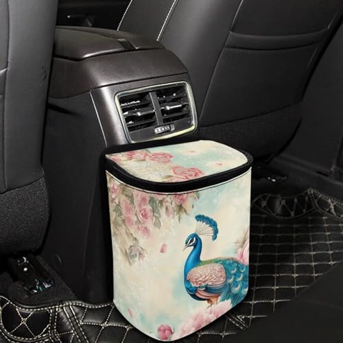 Image of Talayituse Vintage Peacock Flower Print Car Trash Bin, Large Size Auto Trash Can Adjustable Portable Garbage Can with Lid, Vehicle Hanging Bag for Headrest Front Back Seat