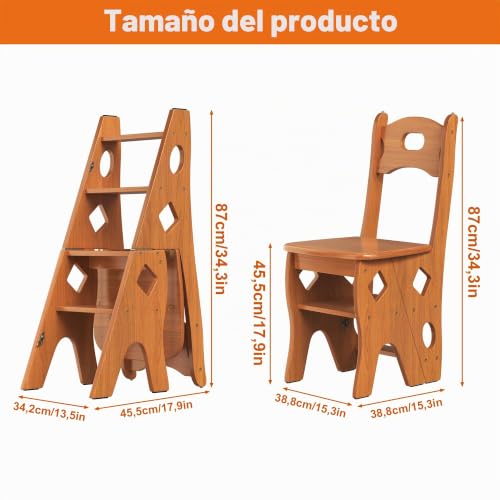 Miniatura 2 de Dfeng Silla Plegable De Madera Maciza, Taburete Plegable En 4 Niveles Hasta 180 Kg, 4 Niveles De Escalón, Soporte Para Flores, Color Marrón, 46 X 34 X 87 Cm