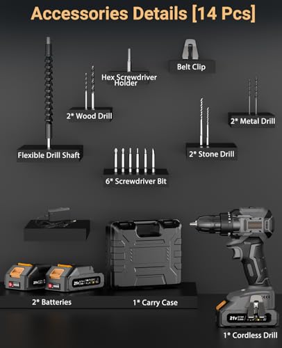Image of Cordless Drill 21V, Brushless Screwdriver with 2 Batteries 2.0Ah, 45N.m Percussion, 20+1 Torque Settings, 14 Accessories, 2 Speeds, for DIY, Grey