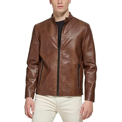 DKNY Men's Brown Faux Leather Racer Jacket Cover