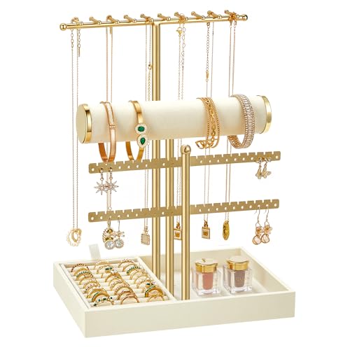 Image of SONGMICS Bracelet Holder Stand, Jewelry Display Stand, Jewelry Organizer with Necklace and Earring Organizers, Velvet Tray, Removable Ring Holder, Cream White and Pale Gold UJJS047W101