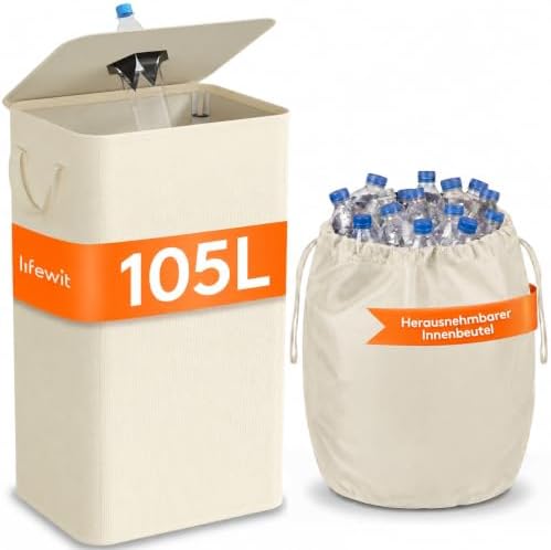 Lifewit 105L Pfandflaschen Sammelbehälter mit Deckel, Weiß | Faltbarer Pfandsammler mit Flaschentasche, Flaschensammler für Leergut in Küche und Abstellraum